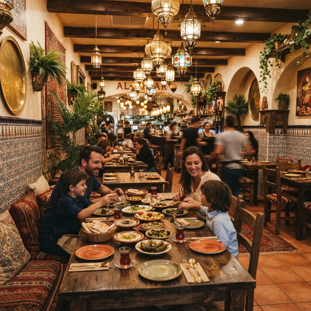 Salão aconchegante do restaurante com lanternas árabes e mesas de madeira